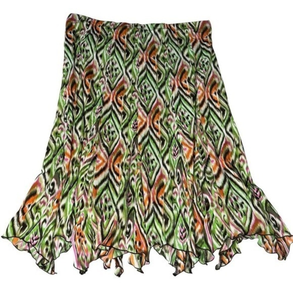 Green multicolor boho print midi ruffle bottom skirt fairycore hippie y2k
